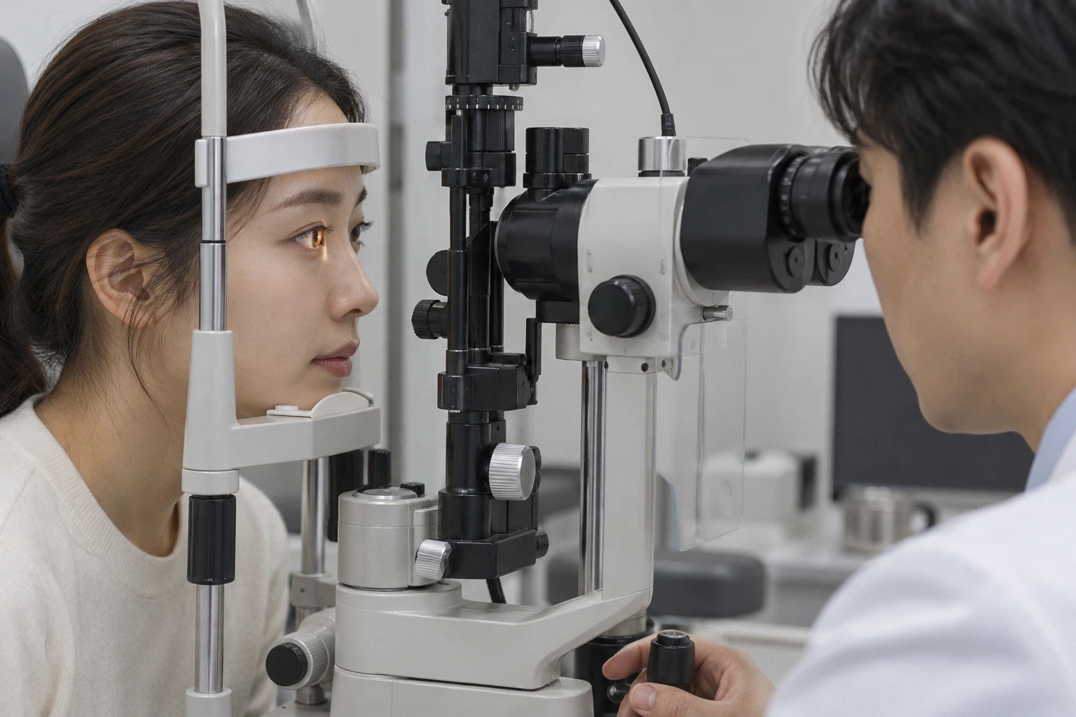세극등 장비로 눈 표면을 살펴보는 가상의 안과 검사 장면