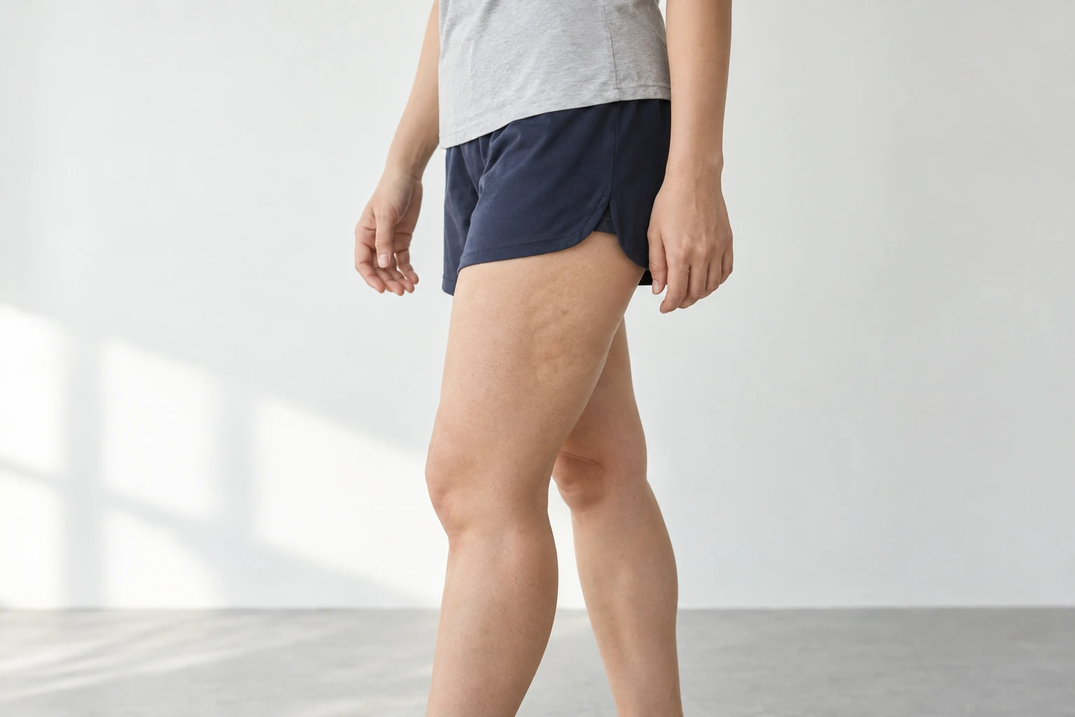 편안히 선 자세에서 자연스러운 허벅지 피부결을 표현한 성인 가상 인물